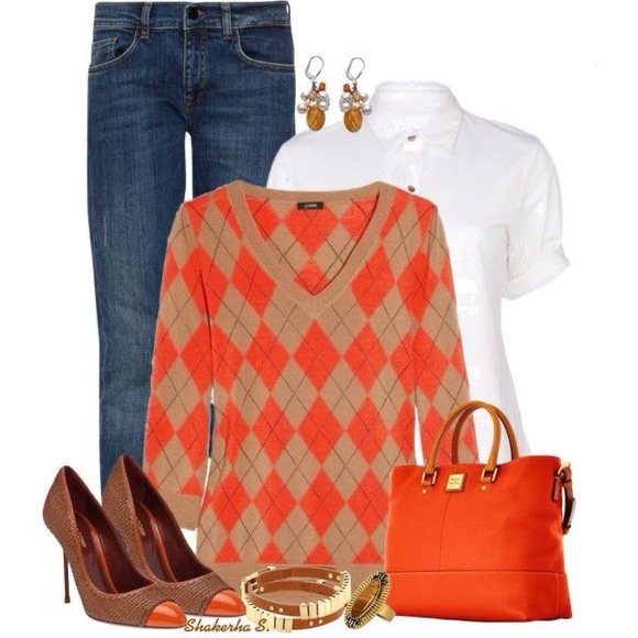 J. Crew Orange and Tan Argyle V-Neck Sweater - Picture 1 of 4